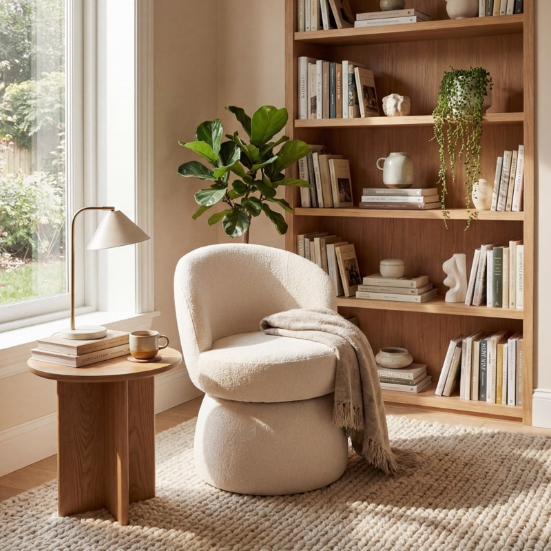 Upholstered Boucle Accent Chair Swivel Armless Barrel Chiar, White Polyester Blend