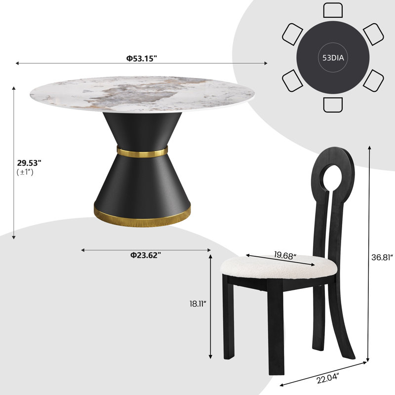 6 Seat Dining Table Set With Modern Key-shaped Dining Chairs, 7-piece Dining Set, Black, Pandora