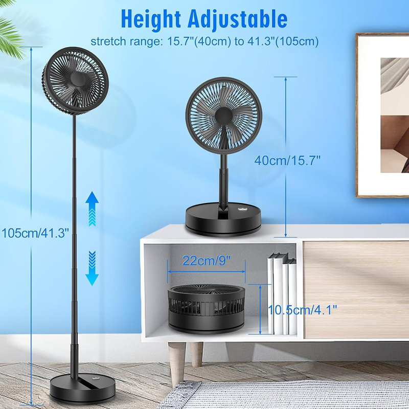 Portable Foldable Rechargeable Oscillating Fan - 9 Inch 7200mAh Battery, Black