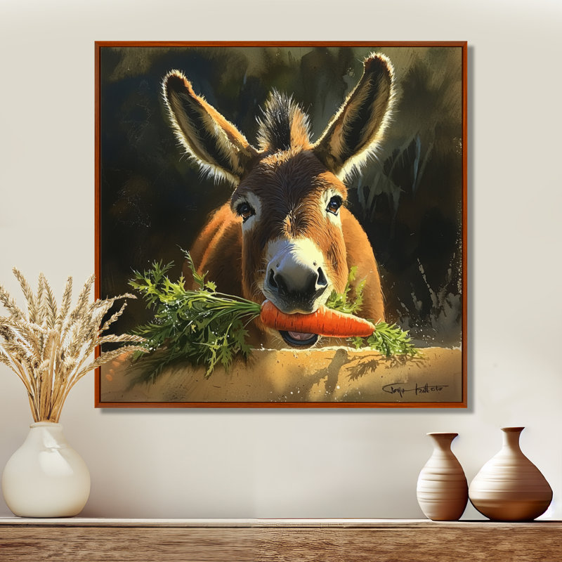 «Whimsical Donkey Carrot» - impression murale d'âne, H 30 po x l 30 po, Reproduction avec cadre flottant, Brun