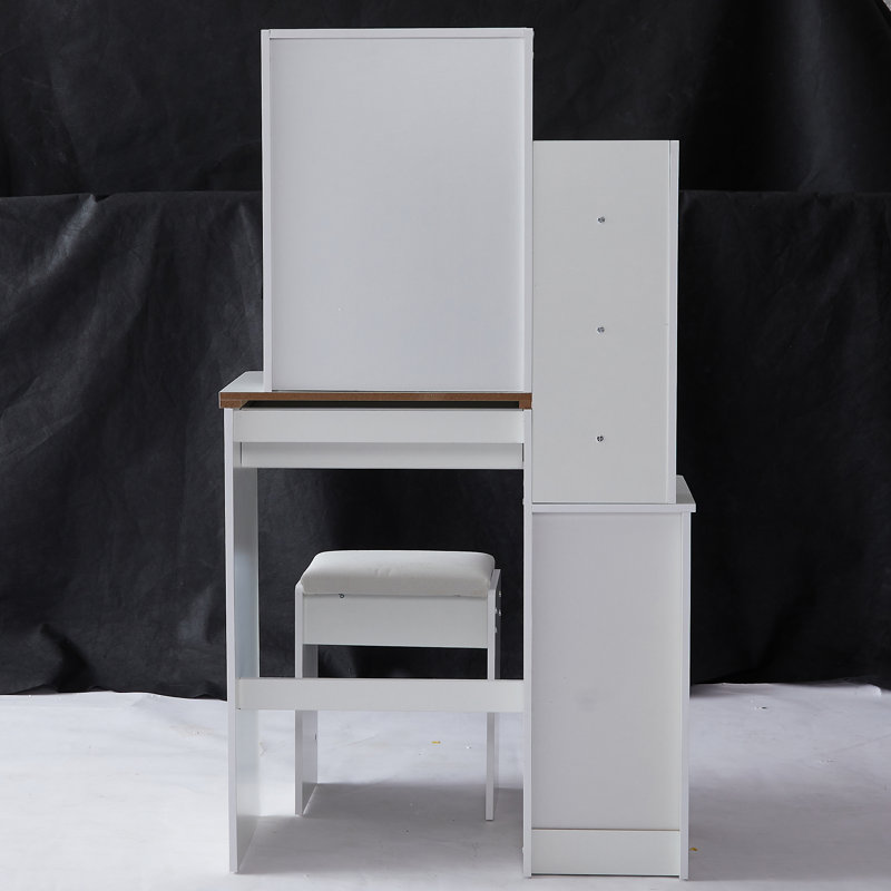 29.2" Small Space Left Bedside Cabinet Vanity Table + Cushioned Stool, White