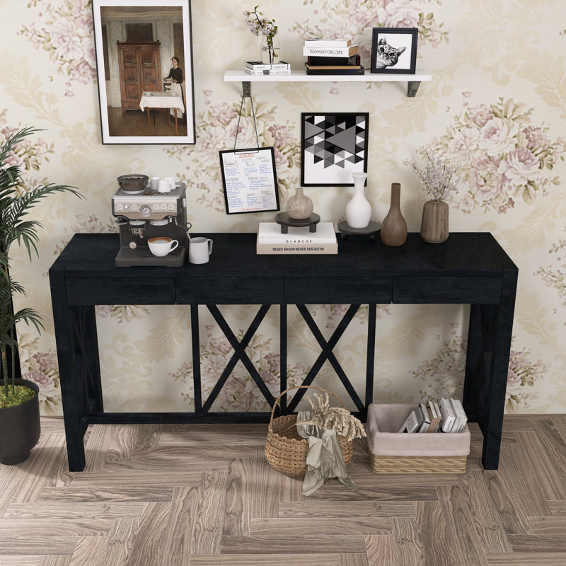 Console à 4 tiroirs en placage d'acacia avec rangement ouvert, Noir