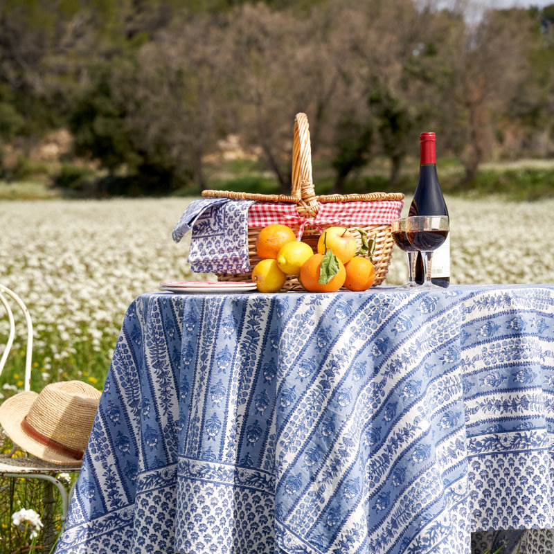 Avignon Handmade Floral Tablecloth, 128" x 71", Dijon/Blue