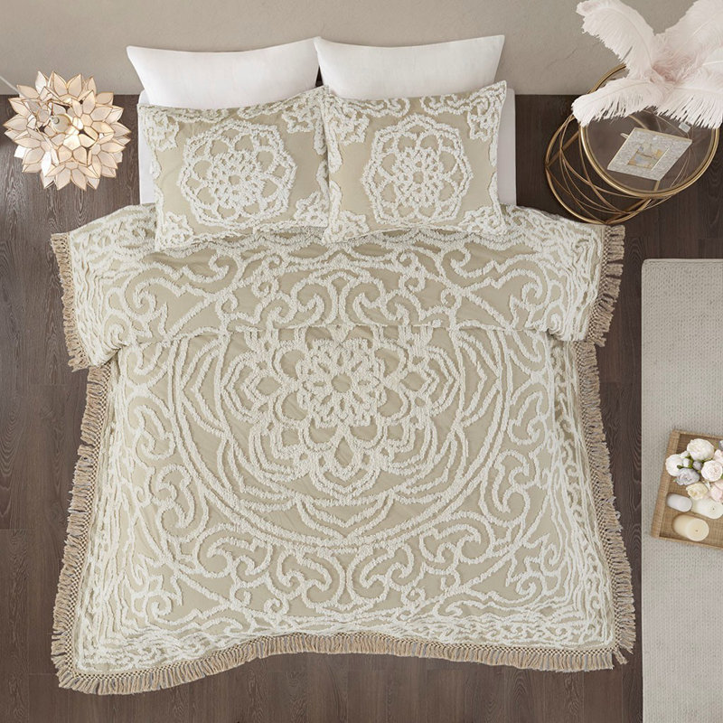 King Beige Cotton Chenille Medallion Fringe Coverlet Set