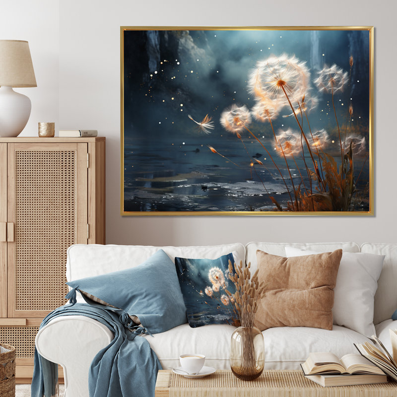 Dandelion Dreams Flight - Floral Canvas Wall Art, H 24 po x l 32 po x P 1 po, Cadre flottant doré