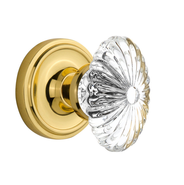 Bouton de porte mortaise intérieur ovale cannelé en cristal avec rosette classique, Laiton poli