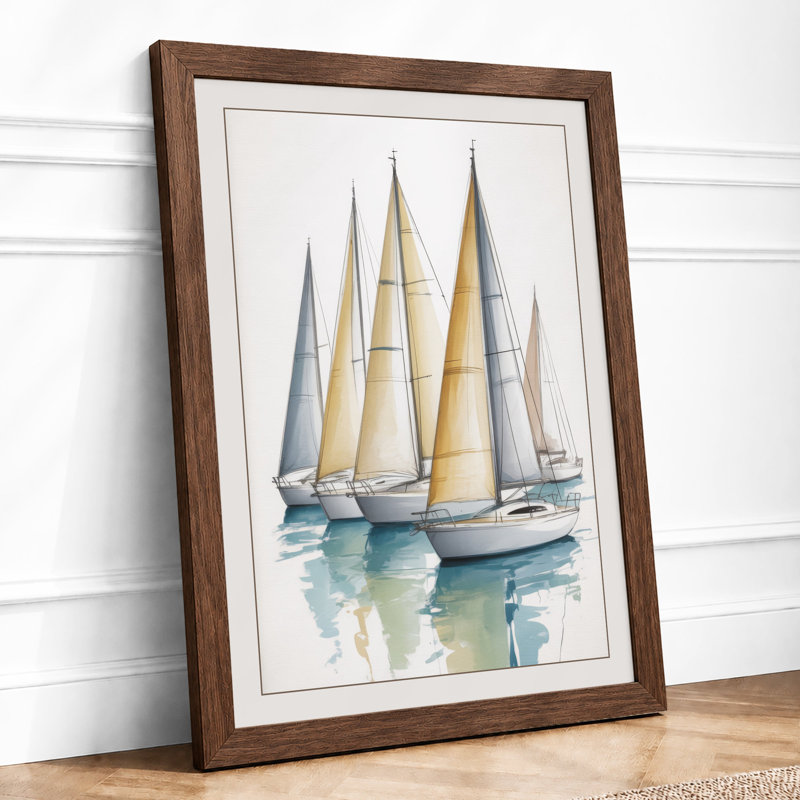 Three Sailing Vessels Coastal - Framed Print, Walnut, A4 - 29.7 x 21.0 cm