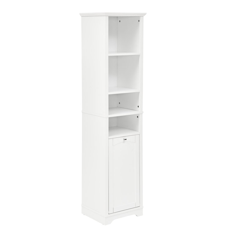 Bathroom Storage With 4 Adjustable Shelves & Laundry Hamper - For Home Cabinet Small Spaces Hidden, White