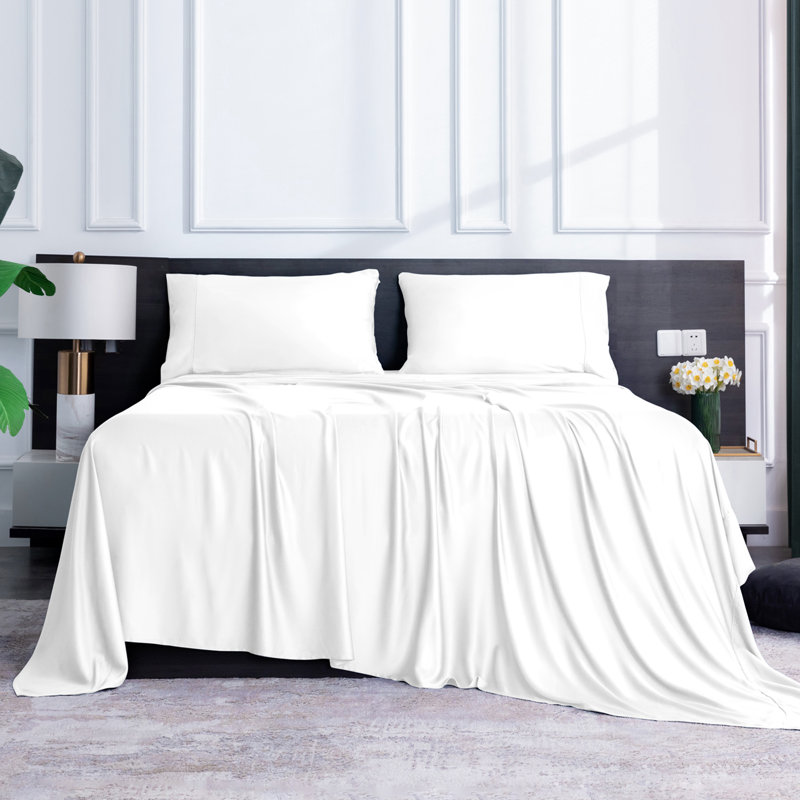 100% Rayon from Bamboo Sheet Set, 16" Deep Pocket Cooling Silky Soft Bed Sheets, White, King Sheet Set with 2 Pillowcases
