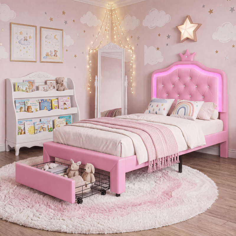 Girls Princess Single Bed Frame with Crown Headboard, LED Lights, Storage Drawer, Pink