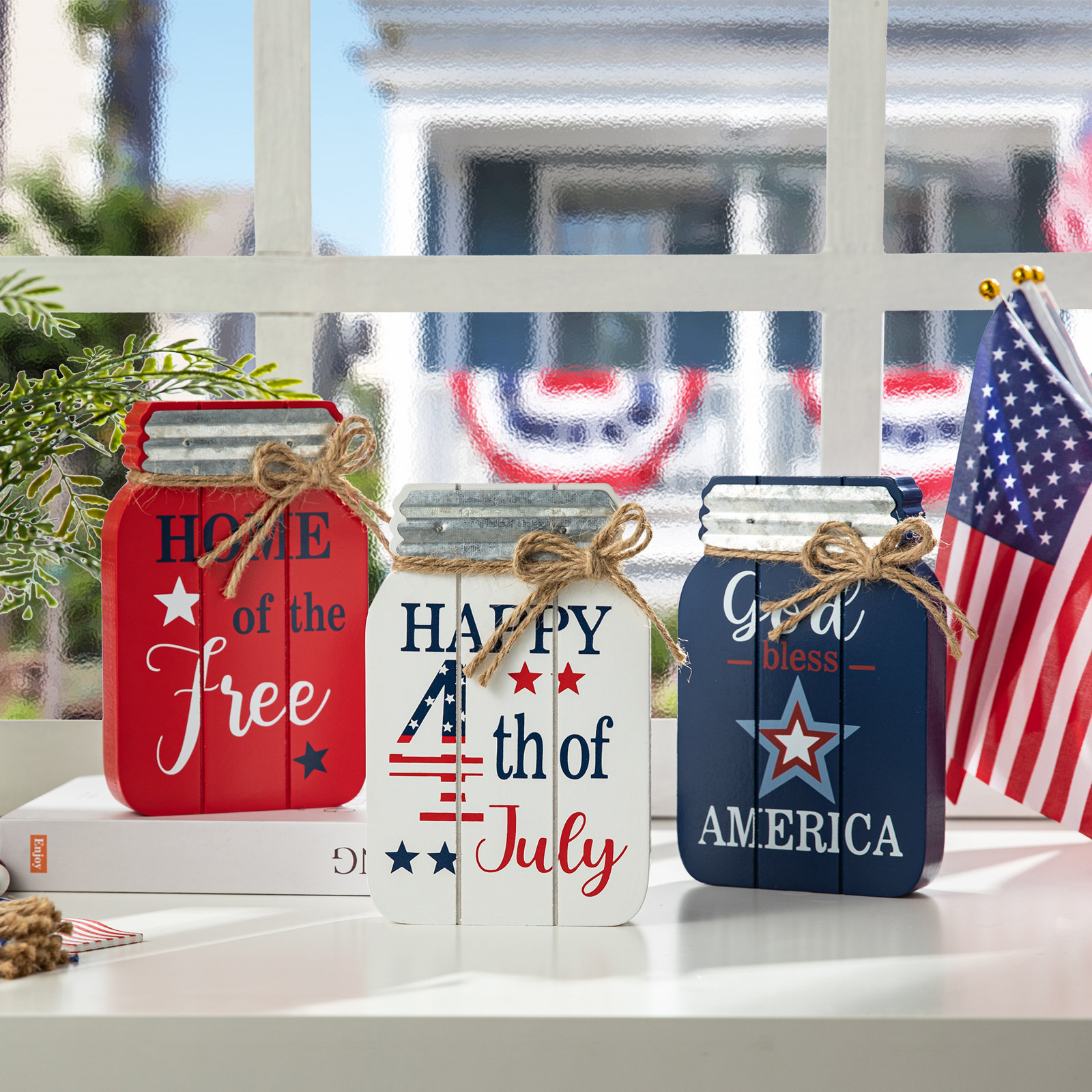 3-Piece Patriotic Wooden Mason Jar Accent Set
