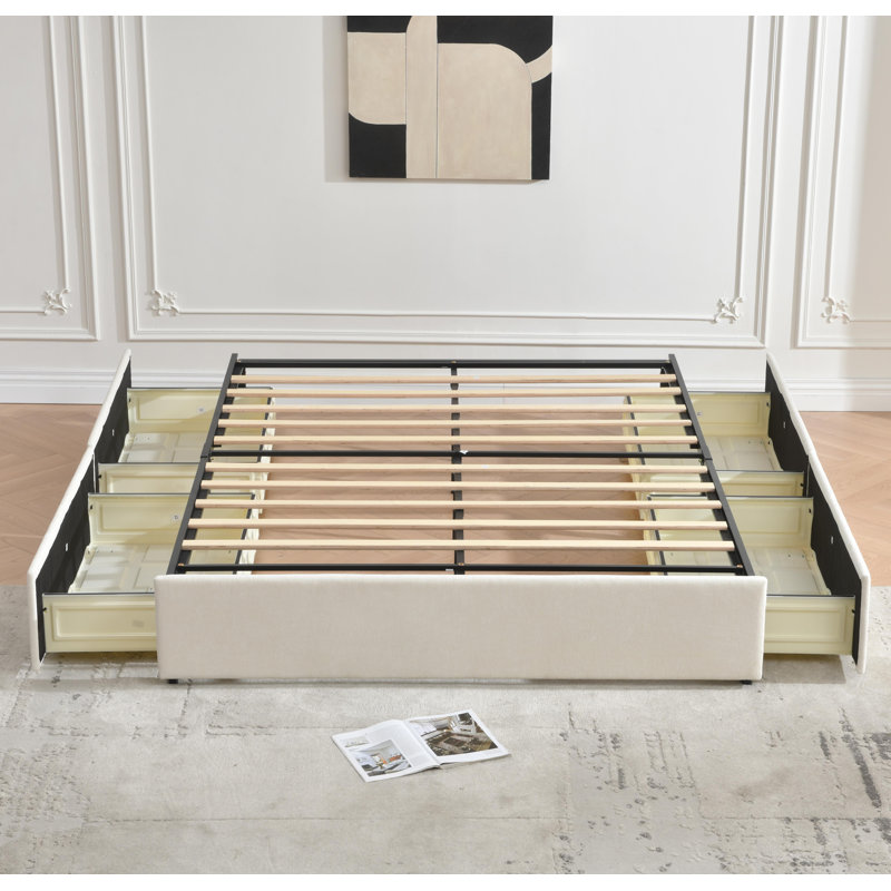 Upholstered  Platform Storage Bed With 4 Drawers, Cream, Full / Double