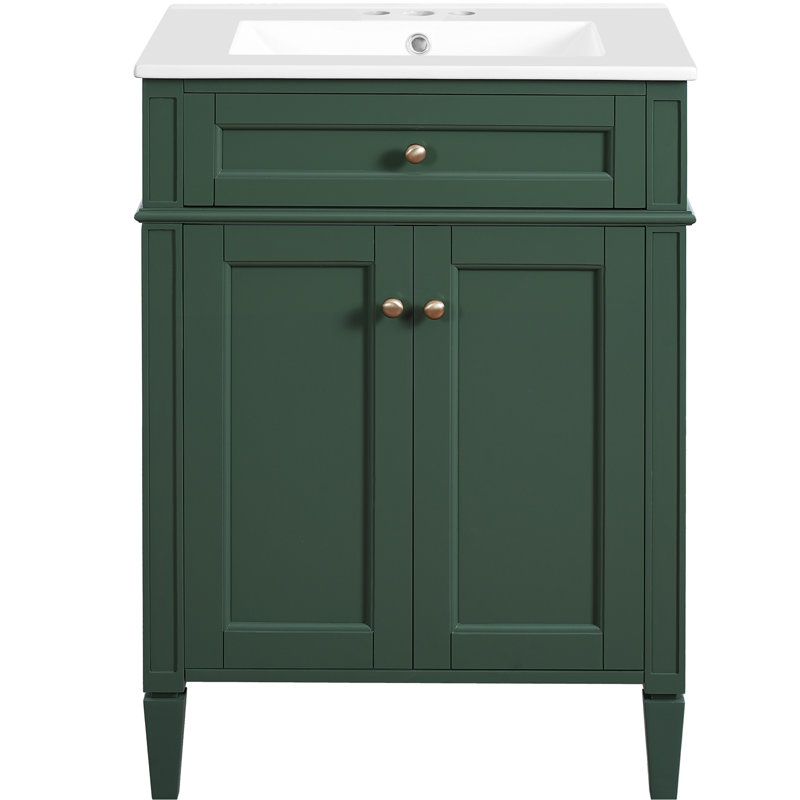 Meuble-lavabo de salle de bain 24 po avec 2 portes et tiroir, organisateurs de rangement intelligents, glissières de tiroir coulissantes, charnières à fermeture en douceur, convient aux portes de petits espaces, pieds en bois massif basculants, facile à nettoyer