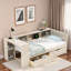 Lit plateforme avec tablettes de rangement, tiroirs, station de charge, bureau et tête de lit tapissier-377928757-377928758