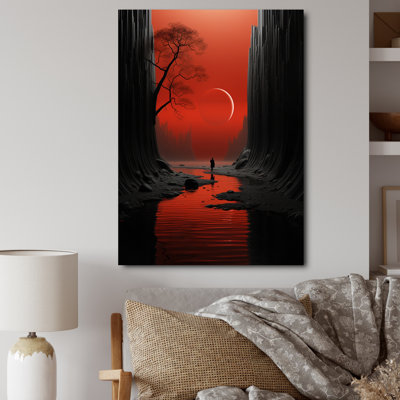 Solitude Walking Alone By Red Sky The River - Storms Canvas Print