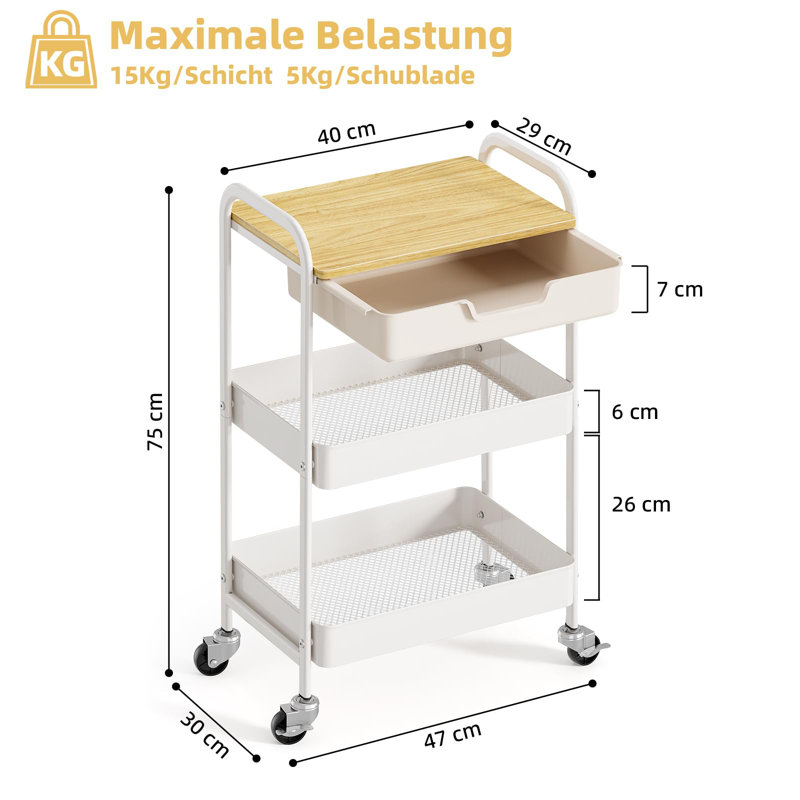 75cm H x 47cm W Utility Cart, White/Natural