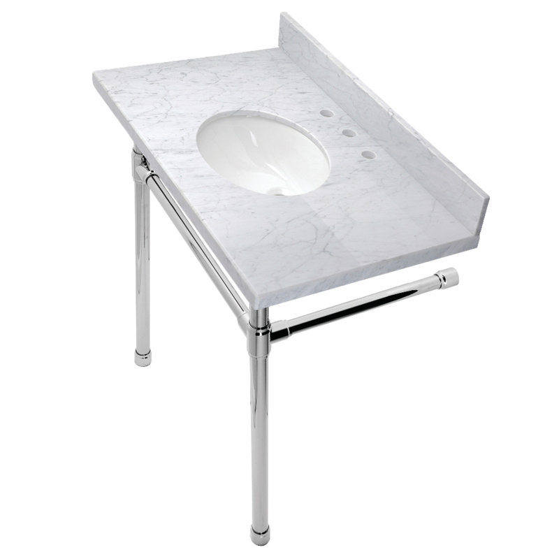Lavabo de salle de bain console rectangulaire en céramique avec trop-plein Dreyfuss, Marbre blanc / chrome poli