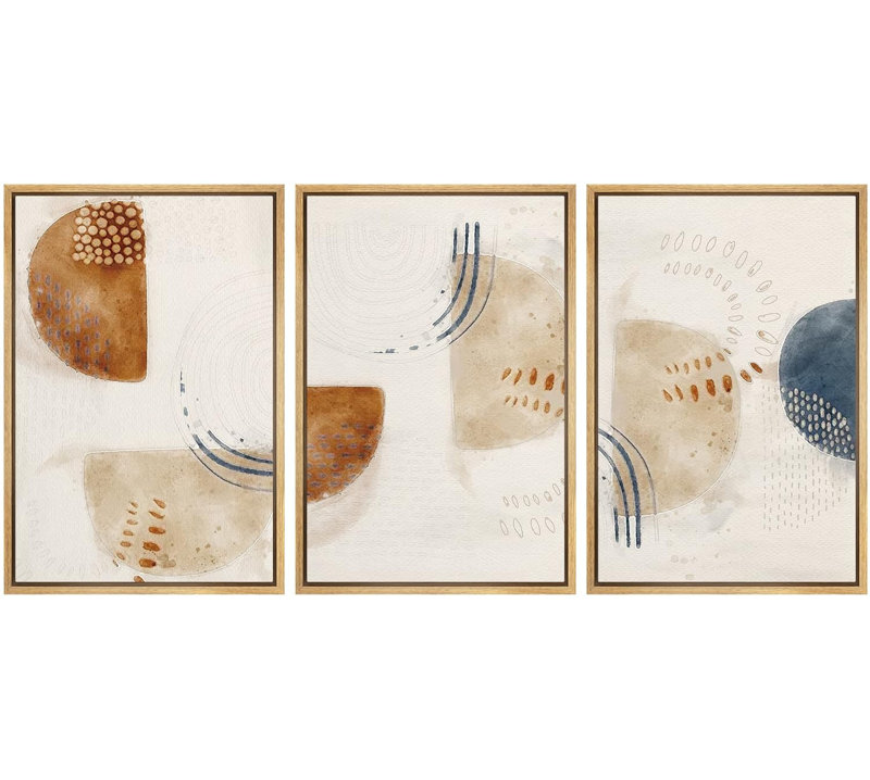 Style Mid-Century industriel, grunge, brun et brun clair, demi-cercles, formes abstraites, art moderne bohème neutre, 3 pièces