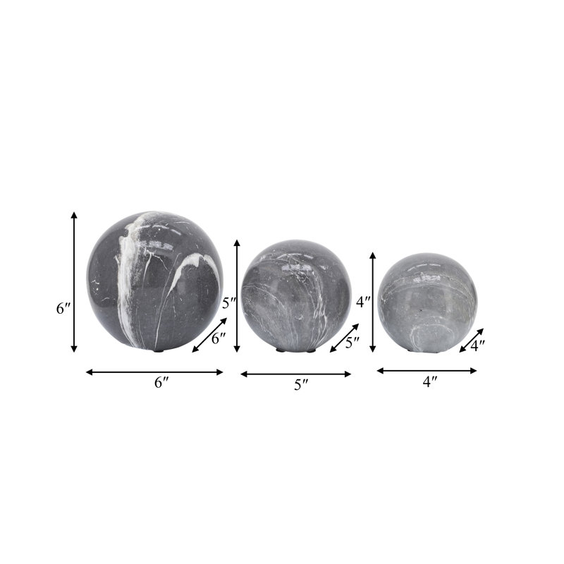 Doherty Polished Marble Decorative Sphere Accent Sculpture Set of 3, Black