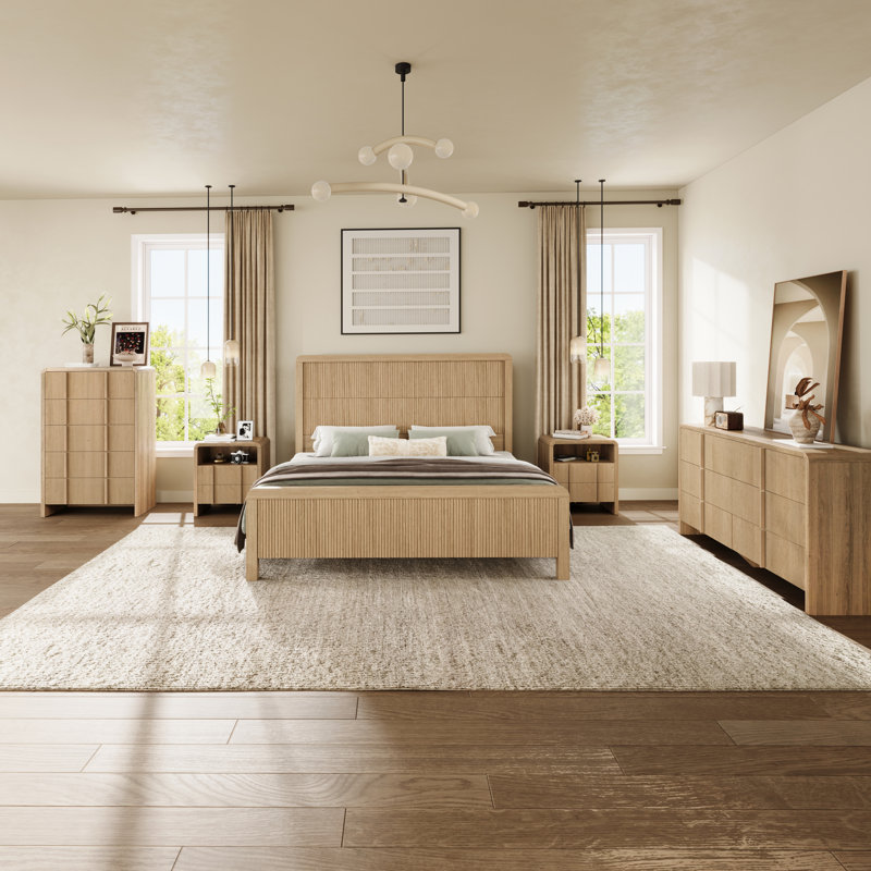 Ensemble de chambre à coucher 4 pièces à grain de bois moderne avec lit plateforme, commode à 5 tiroirs et table de chevet * 2, double, beige