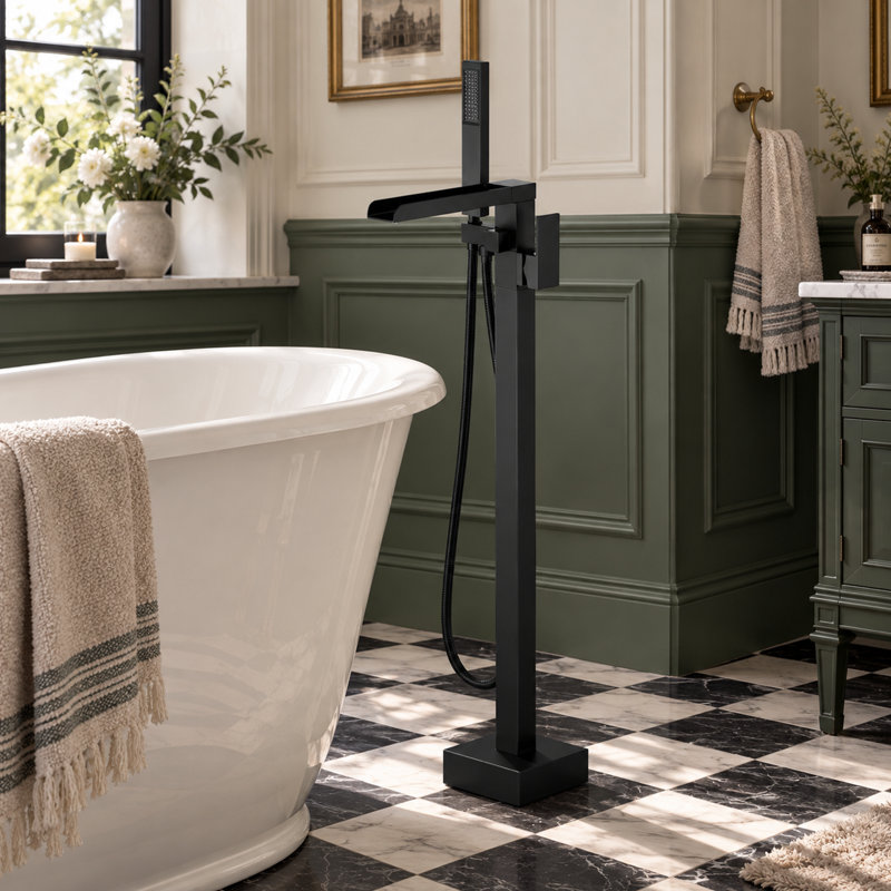 Robinet de baignoire en cascade sur pied VIBRANTBATH, à poignée unique, avec douchette, noir, Noir