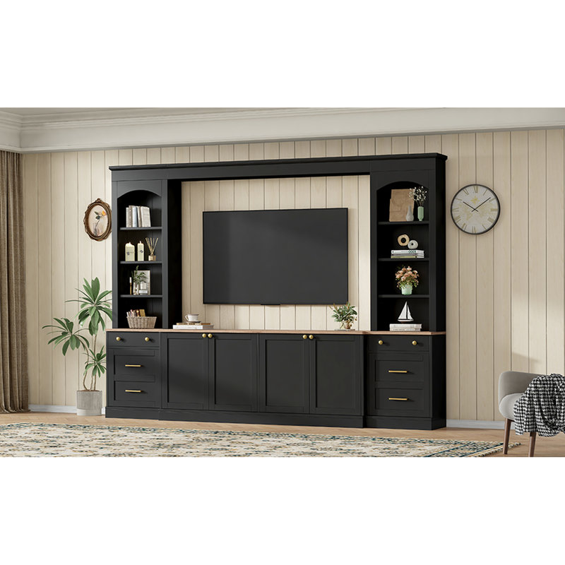 Meuble audio-vidéo rétro noir, meuble télé arqué de 106 po, rangement polyvalent avec armoires et tiroirs, structure de tiroir compatible avec panneaux de particules de 70 po