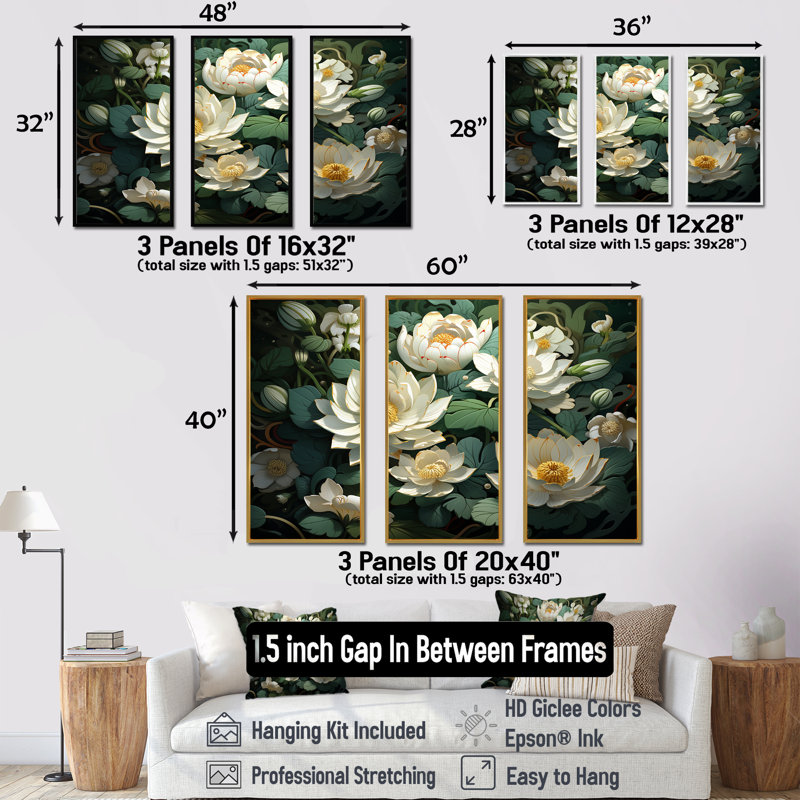 Fleurs de lotus méticuleusement rendues - ensemble d'art sur toile de lotus, Cadre flottant doré, H 32 po x l 48 po x P 1 po
