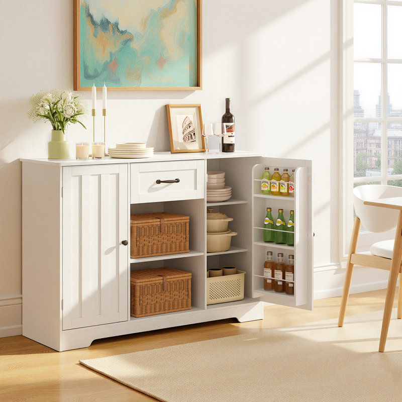 Farmhouse Sideboard Buffet – Wood, 2 Cabinets, 1 Drawer & Open Shelves for Dining Room, White