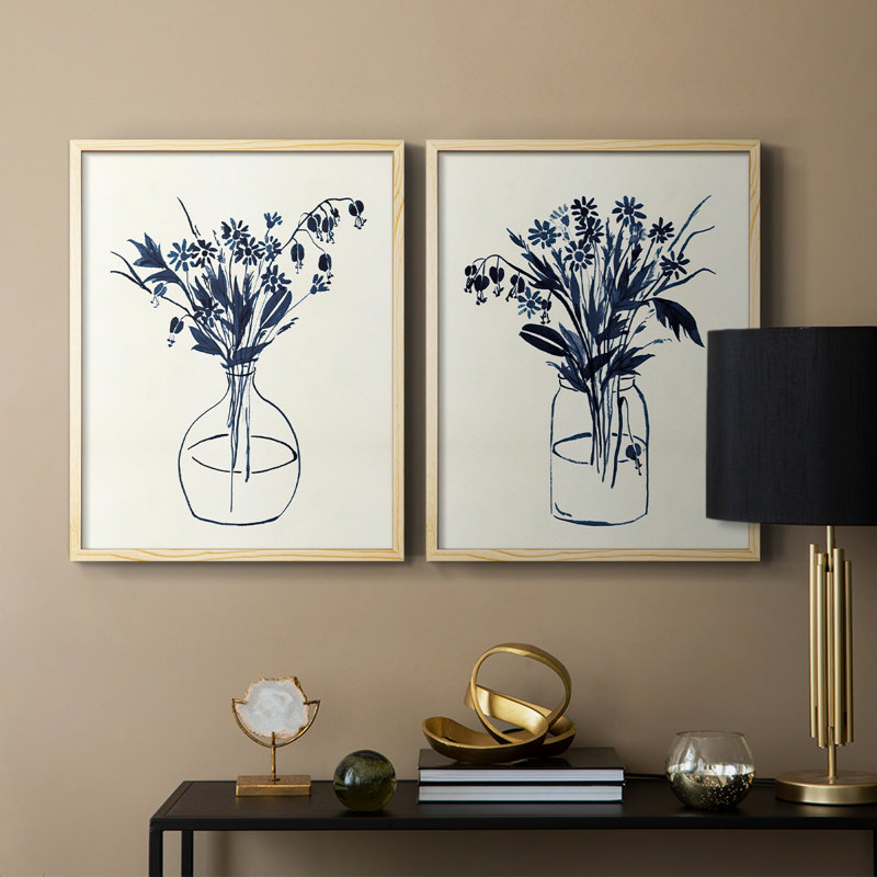 Vase floral indigo I - impression encadrée de qualité supérieure - prêt à être accroché - aucun clou requis - aucun clou requis