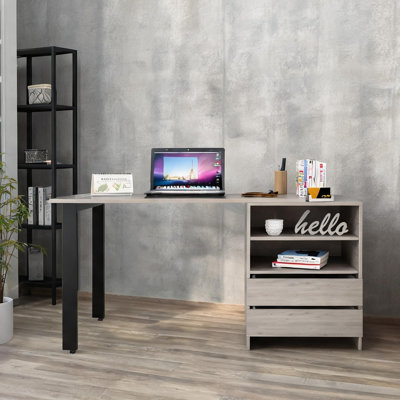 Writing Desk with Two Drawers and Two Shelves, Compact Rectangle, Particle Board, Cool Gray Finish, 47.2-Inch Wide Surface