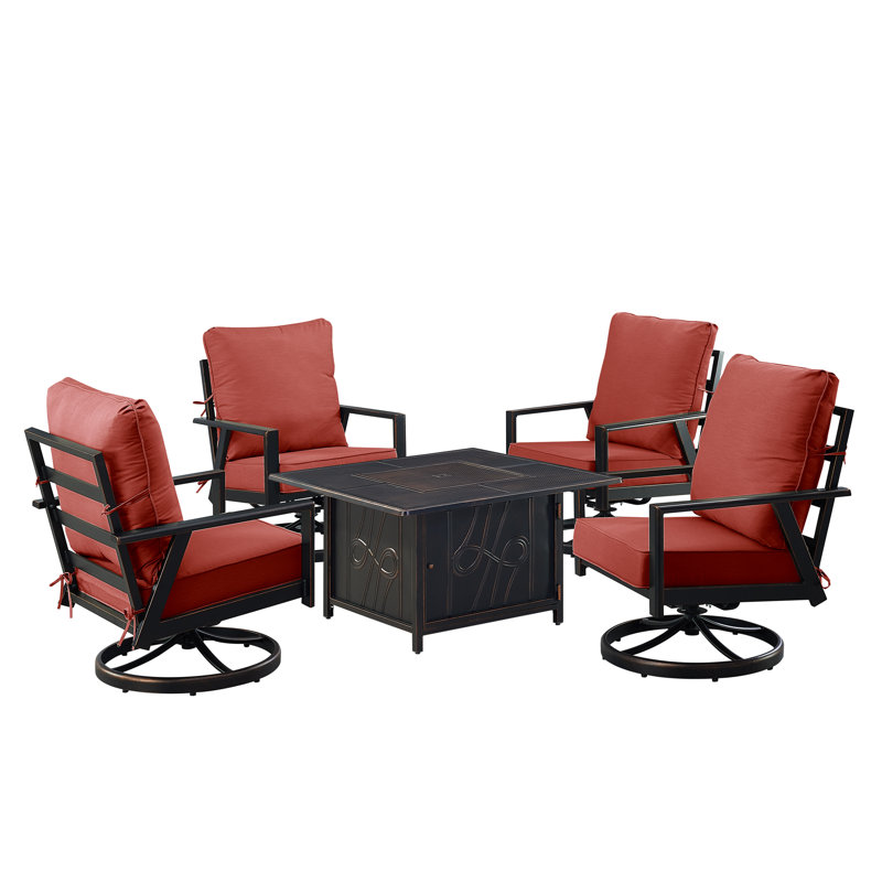 Ensemble de table de foyer en aluminium noir avec quatre fauteuils club, Rouge