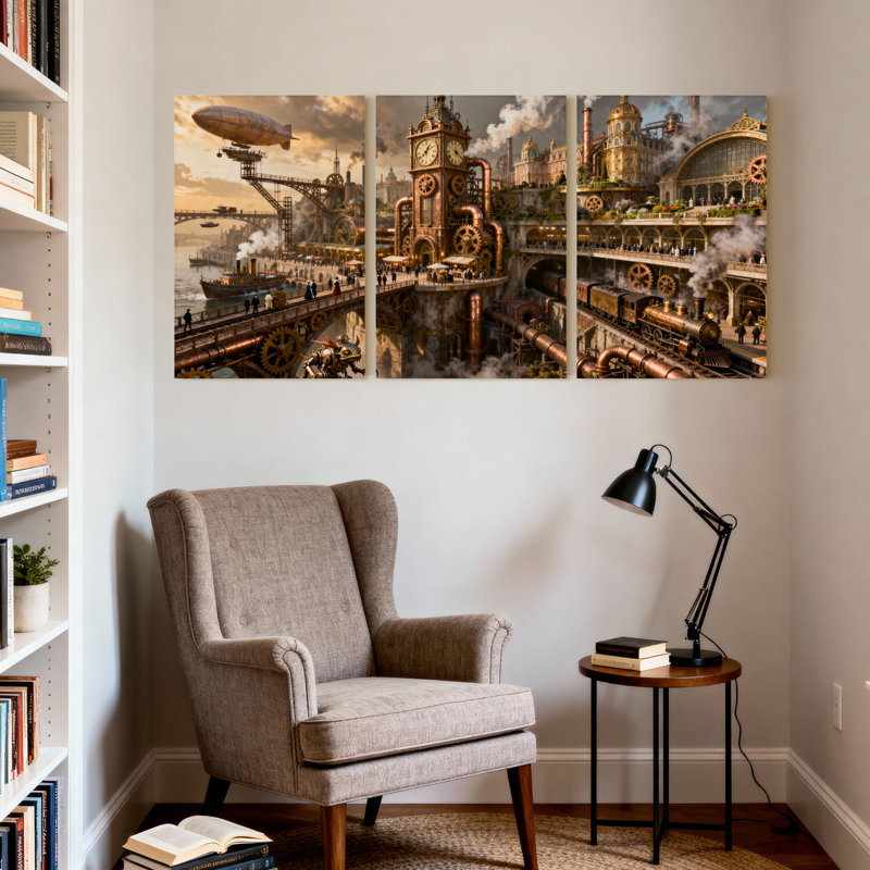 Fantasy & Sci-Fi, paysage urbain Steampunk avec tour de l'horloge et dirigeable, ensemble de 3 impressions sur toile