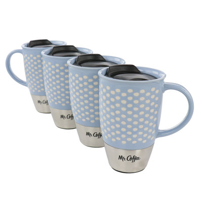 4 Piece 15 Ounce Stoneware and Stainless Steel Travel Mug Set with Lid in Peach