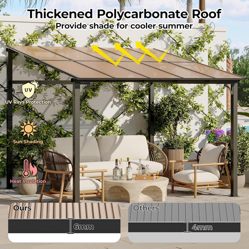 10' X 10' Patio Gazebo, Wall-Mounted Lean To Metal Awnings Gazebos, Hard Top Lean To Pergola
