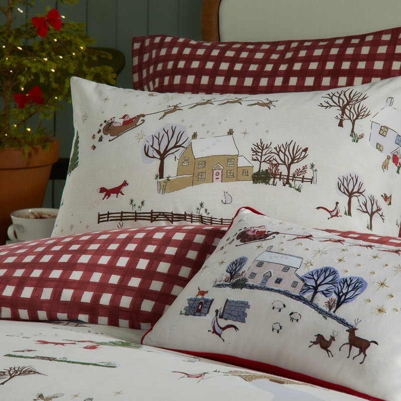  Cotswolds Christmas Plaid Cotton Machine Printed Sheet Set, Double Duvet Cover + 2 Standard Pillowcases