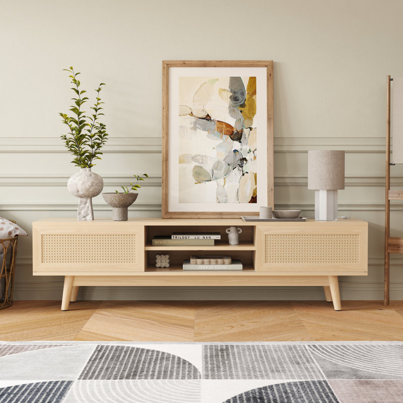 Mid Century Modern Tv Stand With Sliding Doors, Oak, 65"