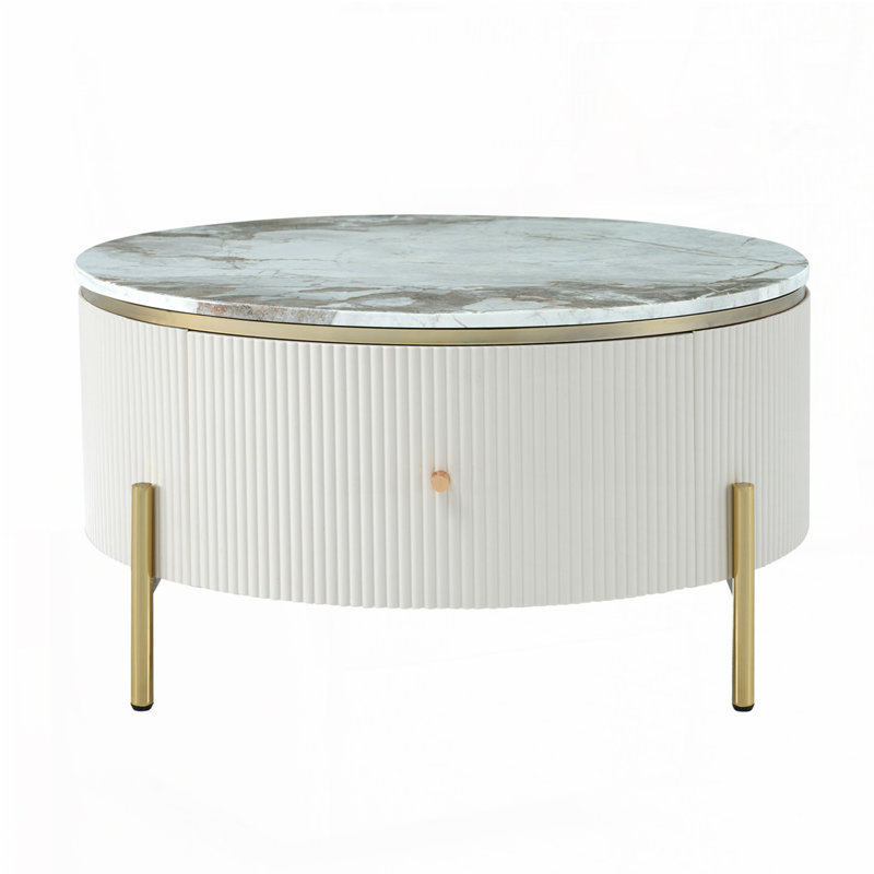 Round Coffee Table with 2 large Drawers Storage Accent Table, Off White