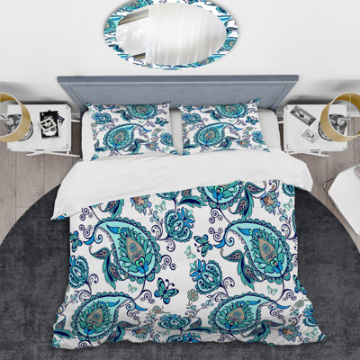 Bleu floral cachemire - ensemble de housse de couette abstrait - microfibre de polyester