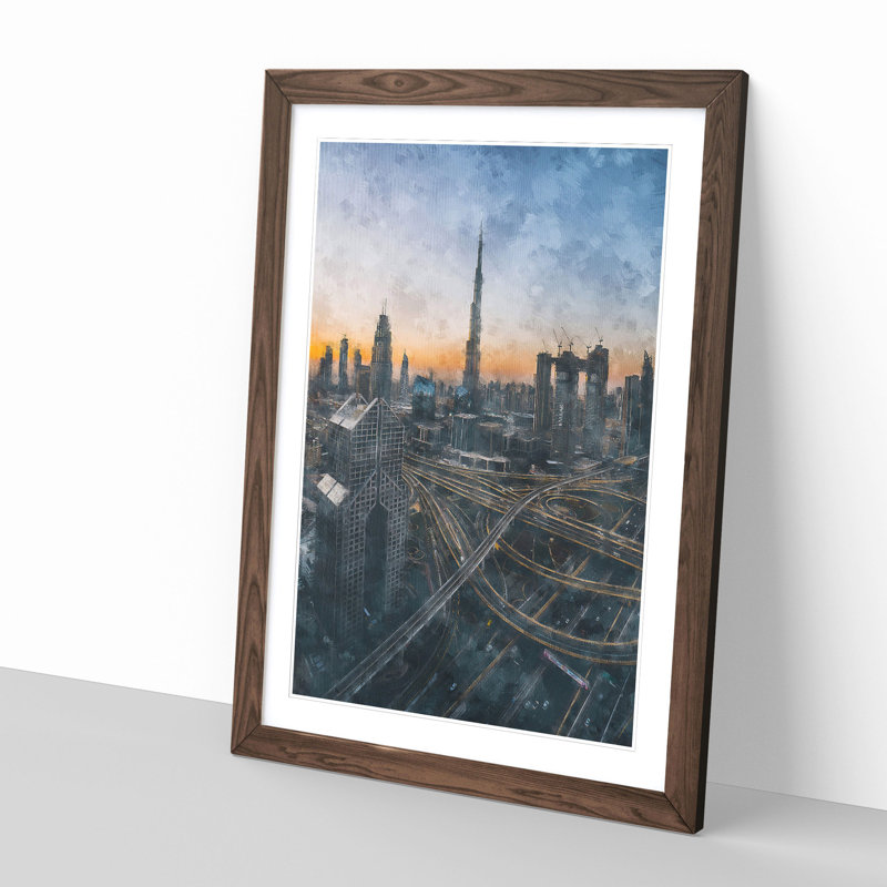Skyline In Dubai Painting - Framed Print, 33cm H x 24cm W x 2cm D, Walnut Framed