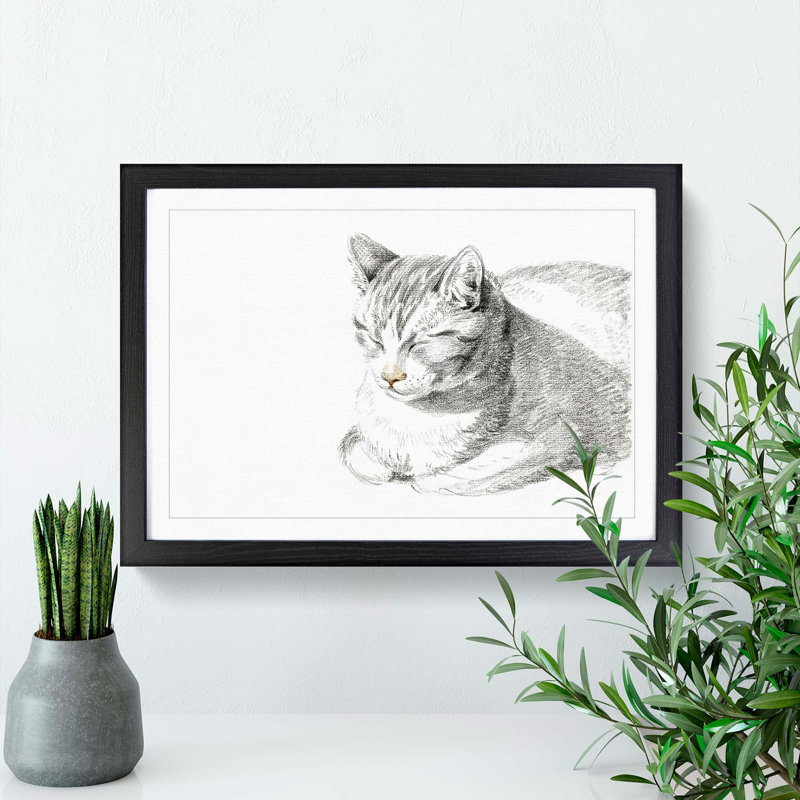 Cat at Peace by Jean Bernard - Picture Frame Drawing Print, Black Framed, 36cm H x 48cm W x 2cm D