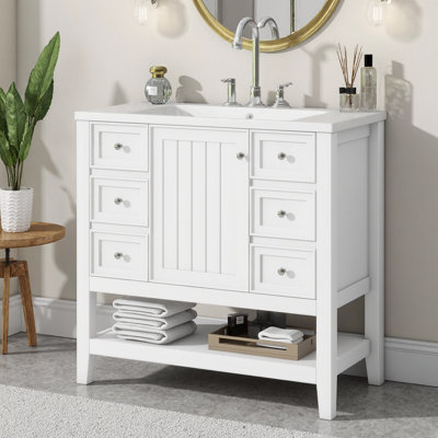 Ensemble de meuble-lavabo 36 po avec lavabo | Structure en bois massif, 3 tiroirs + armoire, lavabo demi-lune en céramique, tablette réglable, robinet 4 po