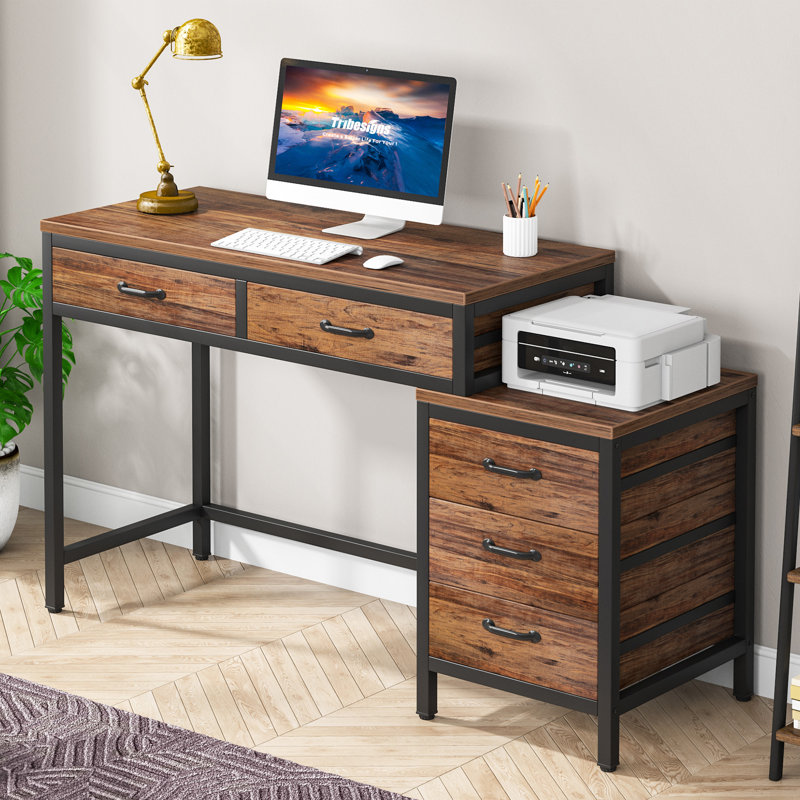 51''W Reversible Desk with Drawers, Brown/Black