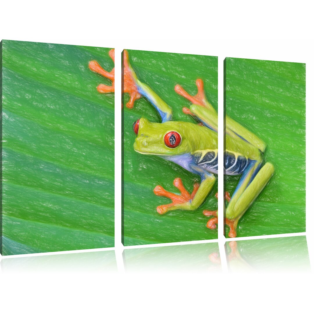 3-tlg. Leinwandbilder-Set „Kleiner grüner Frosch auf Blatt“, Grafikdruck