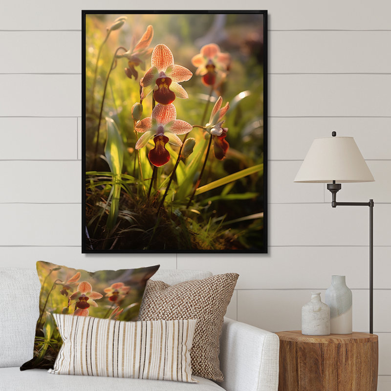 " Red Green Exotic Orchids Elegance ", 32" H x 16" W, Black Floater Framed