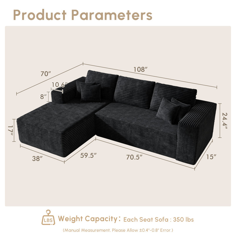  No Assembly Required Compression Packed 2-piece Cloud Modular Upholstered Sectional Sofa     , Left Hand Facing