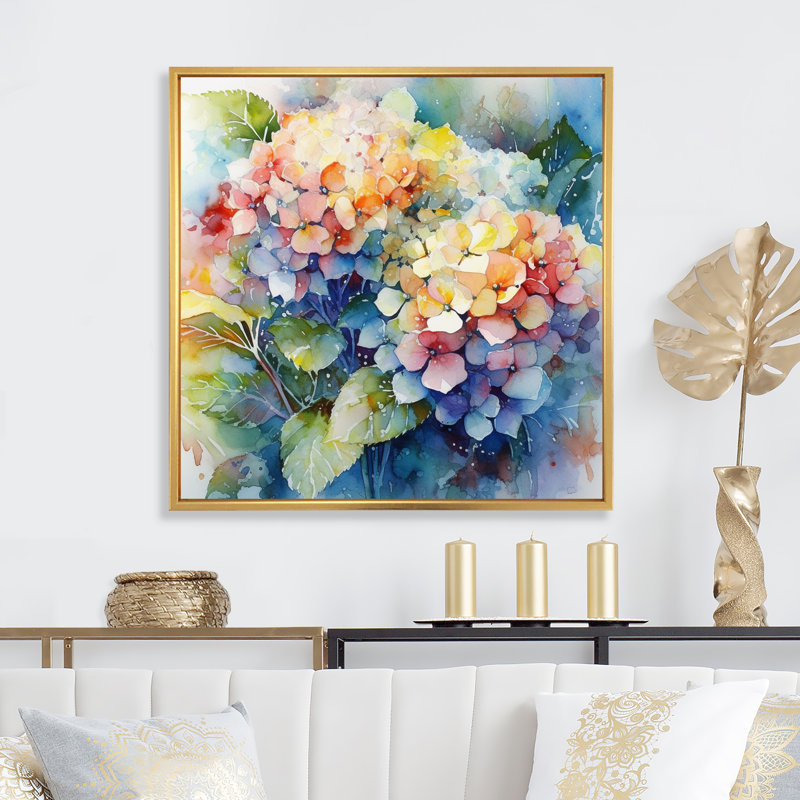 «Blue Green Hydreangea», reproduction d'art sur toile, H 16 po x l 16 po x P 1 po, Cadre flottant doré