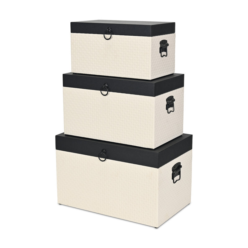 Ellaran Set of 3 Black Shagreen and Cream Wicker Pattern Trunks