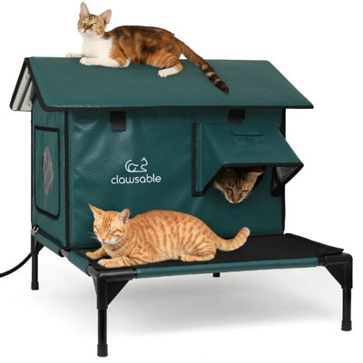 Clawsable Weatherproof Heated Cat Shelter With Sloped Triangle Roof Outdoor Insulated Design,Dark Green