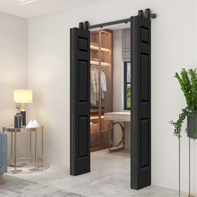 Porte de grange double pliante en composite et panneau de fibres à densité moyenne peinte noire 72 po x 84 po avec quincaillerie coulissante