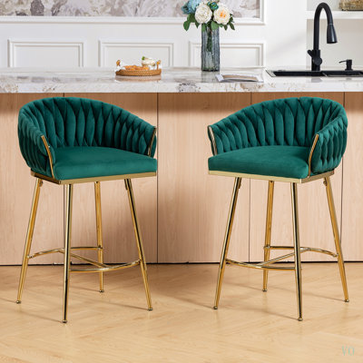 Tabouret de bar 26 po à hauteur de comptoir en velours pour îlot de cuisine avec dossier ondulé à la main (ensemble de 2), base et repose-pieds